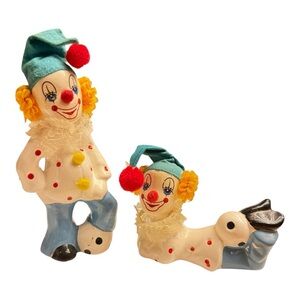 Vintage Colorful Clown Figurines with Blue and Red Accents
